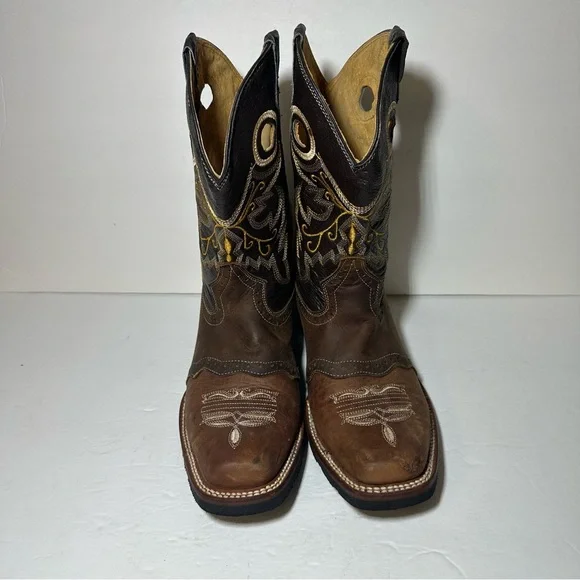 Mens Cowboy Tri-Color Tan Brown Leather Square Toe Rodeo Ranch Western Boots 9.5